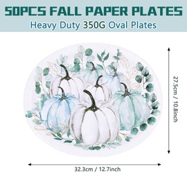 FULJOOY 50 Pcs Fall Disposable Oval Plates Blue and White Pumpkin Paper Plates 10.8" x 12.7" Thanksgiving Fall Party Oval Paper Plates Pumpkin Large Plate Bulk Autumn Paper Plates for Fall Holiday