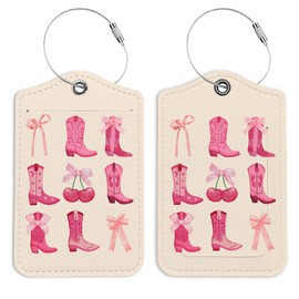 LARTSFRO Pink Bow Cowgirl Boots Luggage Tags for Suitcases, Cherries Sign, Blue Preppy Luggage Tag, Back to School for Students, Trendy Girly 2 Pack Travel Luggage Tags, Teen Girls Gifts Suitcase Tags