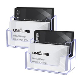 Uniclife 2 Pack Acrylic Business Card Holder for Desk 2 Slots Clear Business Card Display Stand for Men & Women Desktop Business Card Organizer Card Stand for Office Home Exhibition, 120 Card Capacity