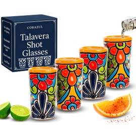 COBAZUL Talavera Shot Glasses - Mexican Shot Glasses Set of 4 for Tequila Lover - Vasos Tequileros - Tequileros Mexicanos - Hand Painted Mezcal Cup 2 Oz (Marigold)