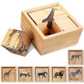 Soulchen 5 Pcs Wooden Animal Chunky Cube Puzzles Set for Toddlers 4 Montessori 6 Puzzles in 1 Safari Animal Chunky Block with Storage Box Learning Educational Toys for Kids Baby Boys Girls Gifts