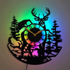 IndieClock Deer Clock for Walls with Led Light, Room Decor for Log Cabin, Farmhouse, Kitchen, Man Cave, Hunting Themed Gift, Stuff with Elk, Moose, Mountain Time, Black Vinyl Record