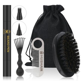 HUSHAIR Mini Beard Brush 5-in-1 Set for Men - Natural Boar Bristle Brush & Beard Pen Filler，Stainless Steel Pocket Beard Comb/Combing Brush/Ramie Storage Bag - Great for Grooming Beards and Mustaches