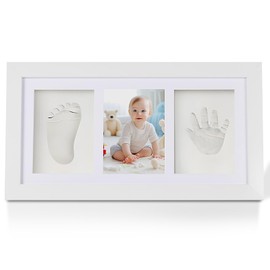 Qooloo Baby Handprint Footprint Set Complete Set Premium - Plaster Cast Kit with Beautiful Picture Frame, Alphabet Plate for DIY Baby Gift for Birth, Christening, Baby Room Decoration (13.3 x 7.3