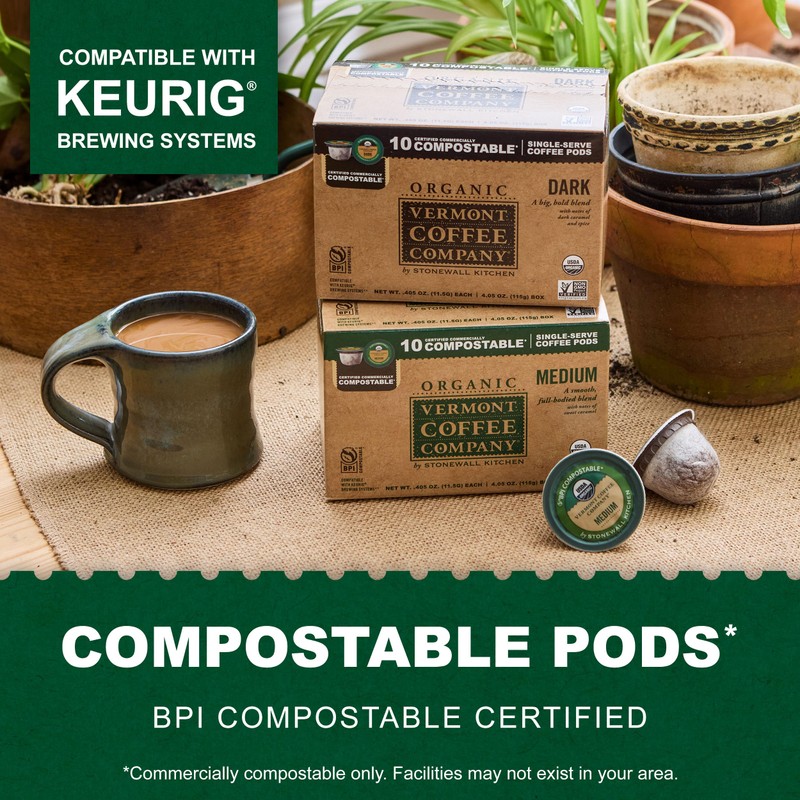 Vermont Coffee Company, Organic Dark Roast Coffee Pods, Single-Serve, Compostable