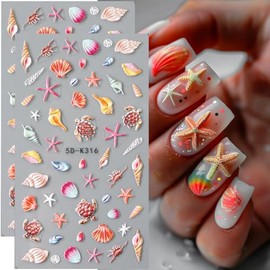 2 PCS 5D-relief Französische Meeresschalen-Nagelsticker, Sommer-Ozean-Thema, selbstklebend, geeignet für DIY-Nageldesign