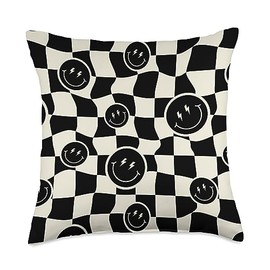 Retro Checkered Aesthetic Happy Smile Face Alhambra Cream Neutral-Black Smiling Checkered Face Throw Pillow, 18x18, Multicolor