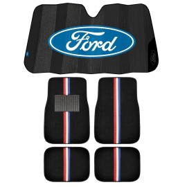 Plasticolor NEW RACING STRIPES 4pc Carpet Car Truck Floor Mats & FORD BLACK AUTO Sunshade