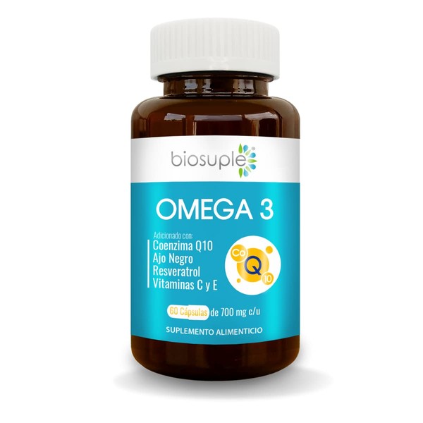 BIOSUPLE | Omega 3 con Coenzima Q10, Ajo Negro, Resveratrol y Vitaminas C y E. 60 cápsulas de 700 mg – OMEGA 3 – Suplemento Alimenticio.