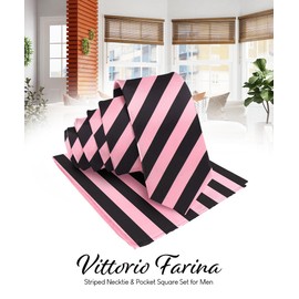 Vittorio Farina Premium Satin Striped Necktie & Pocket Square Set for Men (Bubble Gum Pink/Black)