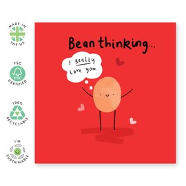 Playful Love Card - Bean Thinking of You – Punny Ideas for Anniversary or Valentine's Day - Gifts for Him, Her, Wife, Husband, Girlfriend, Boyfriend, Spouse, Partner, Couples - Comes with Stickers