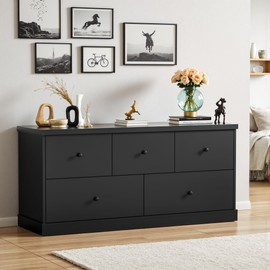 JUMMICO Dresser for Bedroom, Wide Chest of Drawers with 5 Wood Dresser Drawers, TV Stand, Modern Design for Bedroom, Living Room, Hallway, and Entryway (Black)