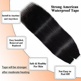 Unipearl Straight Tape-In Extensions, Real Hair, 45 cm / 18 Inches, 20 Pieces, 50 g, Natural Black, Invisible Skin Weft Real Hair Extensions for Women, Straight Tape-In Extensions Real Hair