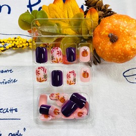 LWTZLW Fall Pumpkin Press on Nails Short Square Thanksgiving Fake Nails Maple Leaf Design Autumn Glue on Nail Wine Red False Nails Reusable Acrylic Stick on Nail for Women
