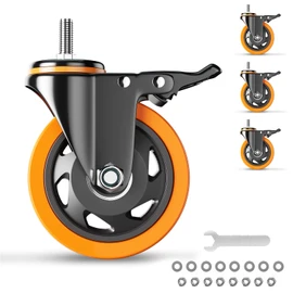 3 Inch Caster Wheels 1600Lbs, Threaded Stem Casters Set of 4 Heavy Duty, 1/2"-13 x 1 (Screw Diameter 1/2", Stem Length 1"), Safety Dual Locking Industrial Castors, Wheels for Cart, Furniture