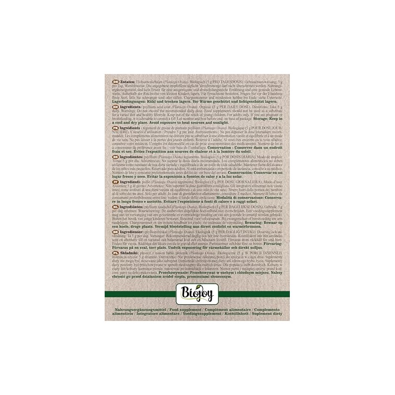 Biojoy Organic psyllium husks (250 g), 99% purity Plantago ovata,