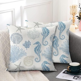 Coastal Throw Pillow Covers 20 x 20 Inch Set of 2 Summer Ocean Themed Pillow Covers Beach Seashell Starfish Seahorse Pillow Cases Linen Square Cushion Cover for Home Couch Sofa Bedding Decor