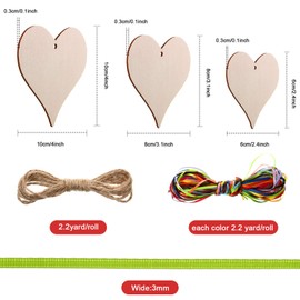 36 Pieces 4/3.1/2.4 Inch Valentine‘s Day Wooden Heart Ornament Blank Wooden Heart Slices with Holes and 2 Meters Natural Rope,15 Color 3 mm Polyester Ribbon for Valentine‘s Day Decors