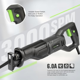 GALAX PRO 120V Reciprocating Saw, 6.0 Amp Variable Speed Corded Reciprocating Saw with 4/5" Stroke Length, 0-3000SPM and 4-1/2" Max for Wood, Metal, PVC Pipe Cutting