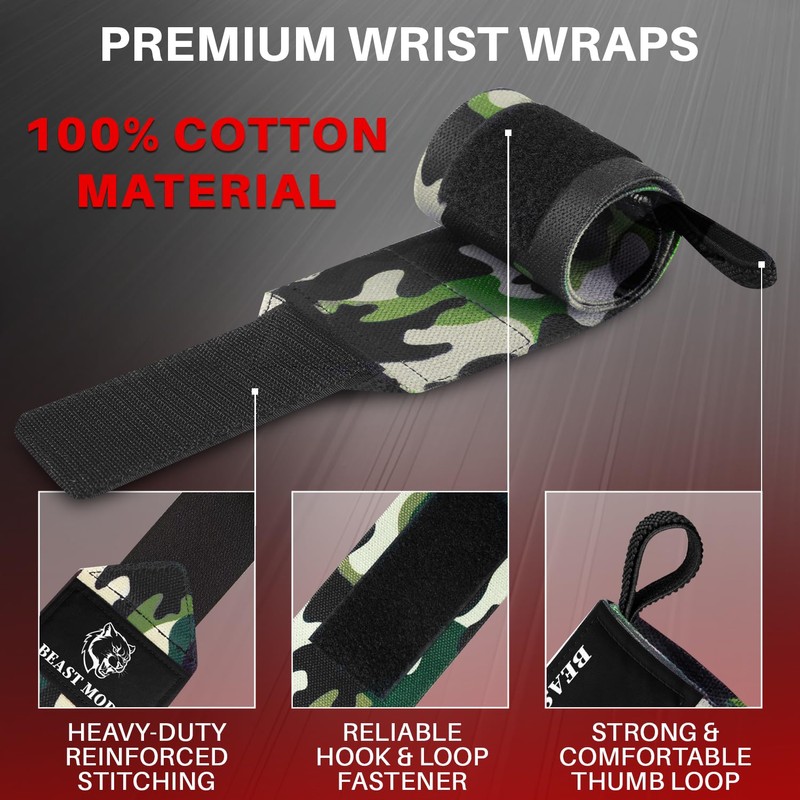 TECEUM Weightlifting Wrist Wraps with Thumb Loop – Camo –
