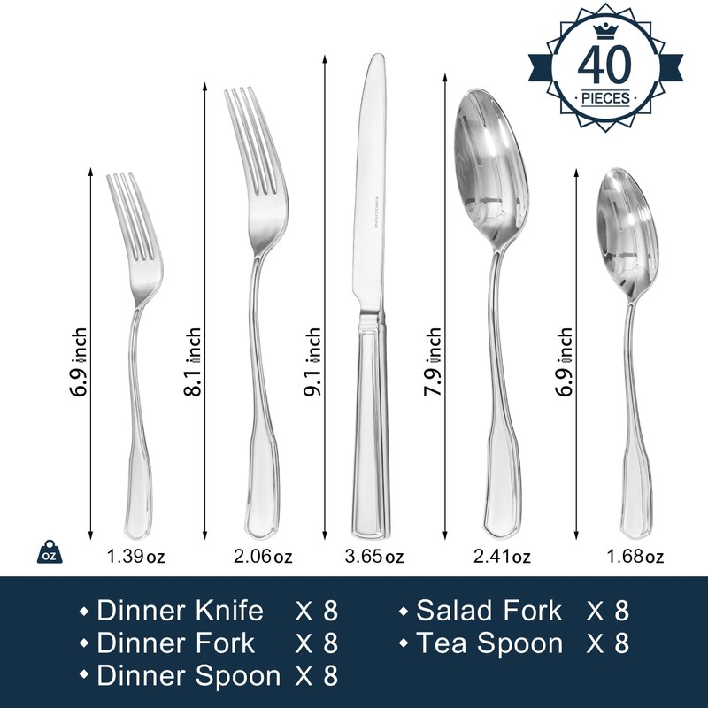 KINGSTONE 40-Piece Silverware Set, 18/10 Stainless Steel Flatware Set for