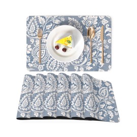 LilyCat Faux Leather Placemats Set of 6, Waterproof Oil-Proof Dining Table Mats for Kitchen, Indoor & Outdoor Heat Resistant Wipeable PU Place Mats, 18’’× 12’’, Blue Paisley Floral