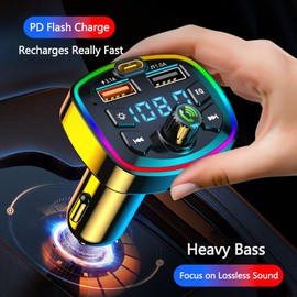 FM Transmitter Car Bluetooth Music Play 2 USB Port Charger Car Adapter QC 3.0+PD USB C LED Display + 7 Colours LED Light Hands-Free Kit Support BT, SD Card, USB Disk