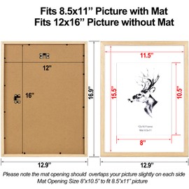 Yaetm 12x16 Picture Frame With Mat for 8.5x11 Set of 2, Solid Oak Wood Poster Frame 12 x 16 inches, Wall Gallery Photo Frames for Horizontal and Vertical Wall Mounted (2 pack, Oak)