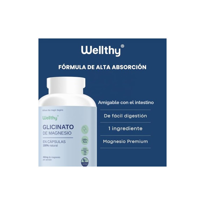 Wellthy Glicinato de Magnesio 300 Cápsulas 432mg. 100% Natural,100% Puro,