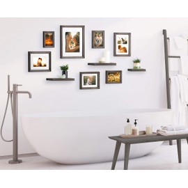 Kate and Laurel Bordeaux Gallery Wall Frame and Shelf Kit, Set of 10, Dark Charcoal Gray, Assorted Size Frames and Three Display Shelves