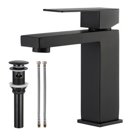 KES Black Bathroom Faucet & Bathroom Sink Drain with Overflow, cUPC Certified Vanity Single Hole Faucet with Pop Up Drain Stopper Rustproof Matte Black, L3156ALFF12-BK-C3