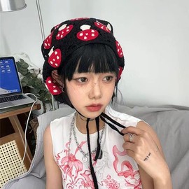 OANEXX 2/3/4 PCS Crochet Hair Bandana Head Kerchief Cute Strawberry Mushroom Knitted Hollow Head Scarf Headwrap for Women Girls (Black and Pink)