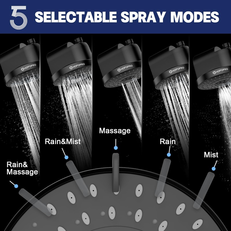 High Flow Filtered Shower Head, HOPOPRO 5 Modes High Pressure