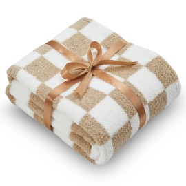 NEWCOSPLAY Knitted Brown White Checkered Blanket Super Soft Plush Throw for Couch Fuzzy Fluffy Microfiber Lightweight Blanket for Bed Sofa All Season Use (Brown White, Throw(50"x60"))