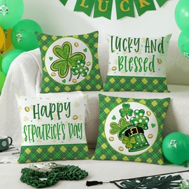 Happy St. Patrick's Day Pillow Covers 16x16, Set of 4 Green Plaid, Shamrock Polka Dot Lucky Hat Designs Farmhouse Throw Cushion Covers for Home Sofa Festive Decor