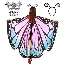 HAPNBCELE Single-sided Blue-Pink Butterfly Wings Costume for Women Butterfly Fairy Dress up Wings Cape Shawl Masquerade Lace Masks Headband Hair Clips(11 PCS)