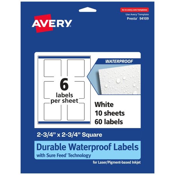 Avery Durable Waterproof Square Labels with Sure Feed, 2.75" x