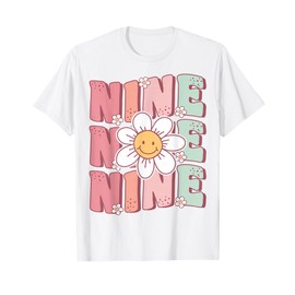 Cute Groovy 9th Birthday Party Daisy Flower Nine Year Old T-Shirt