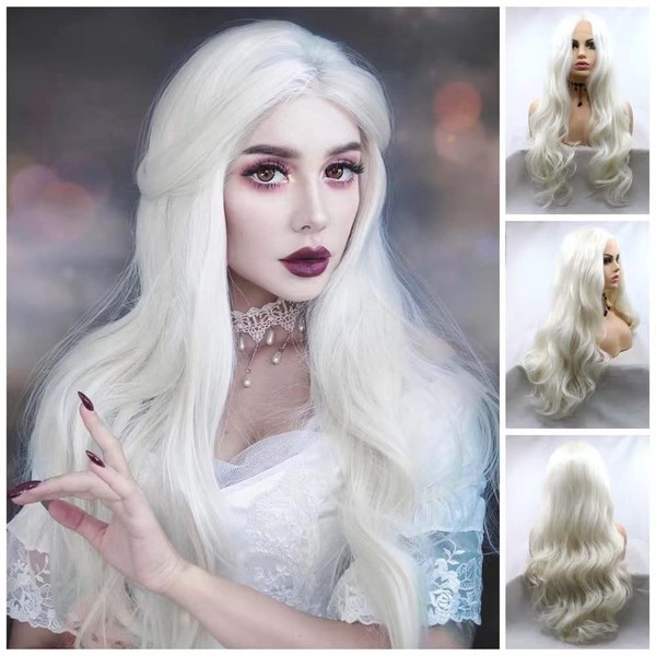White Lace Front Wig Long Wavy Drag Queen Heat Resistant White Platinum Synthetic Lace Front Wig for Women (24 inch, White/Lace Front Wig)