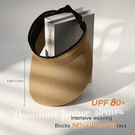 FURTALK Womens Sun Visor Hat Straw Sun Visors for Women Summer Packable Ponytail Beach Hats for Women Travel UPF 80+ Khaki