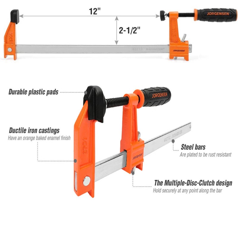 JORGENSEN 2-pack Steel Bar Clamps Set, 12-inch Medium Duty for