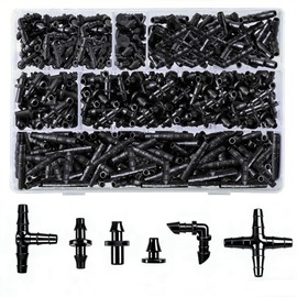 Dianrui 220 PCS Drip Irrigation Kit, Drip Irrigation Parts 1/4'' Tubing Fittings Kit for Garden Lawn Flower Sprinkler Systems-End Plug/ 4-Way Connector/Single barbs/Straight Barbs/Oblique Barbed Tees