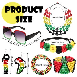 PHOGARY 8 Pcs Jamaican African Jewelry for Women, Jamaican African Costumes Include Rasta Beaded Bracelet Wood Dangle African Earrings Necklace Rasta Sunglasses Flower Crown Headband Waist Bead Chain