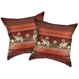 AeraVida Red Wine Thai Elephant Sun Stripes Silk Throw Pillow Cushion Cover Set | Elegant Decorative Pillow Covers for Home | Luxurious Asian-Inspired Decor (Red)