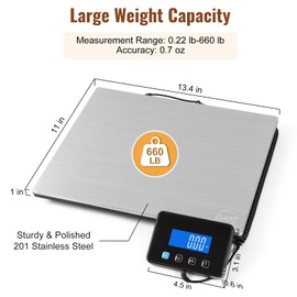 Miseyo 660lbs Heavy Duty Digital Shipping Scale - 0.7oz High Accurate Stainless Steel Postal Scale for Packages, Luggage, Small Business, Warehouse, Battery & Charging Cable Included