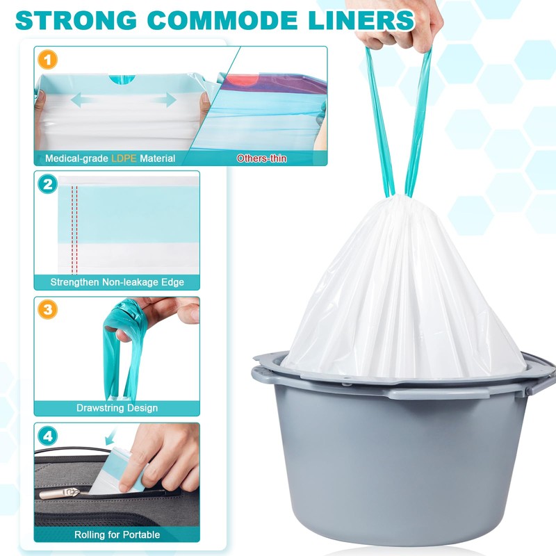 60 Commode Liners with Absorbent Pads, 60 Bedside Commode Liners
