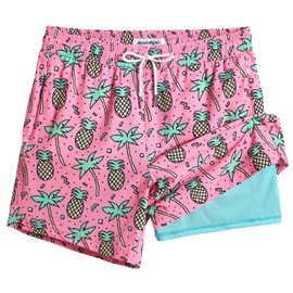 MaaMgic 5" Mens Swim Shorts with Compression Liner 4-Way Stretch Bathing Suit Swimming Shorts with Pockets,Coconut Pineapple,XL