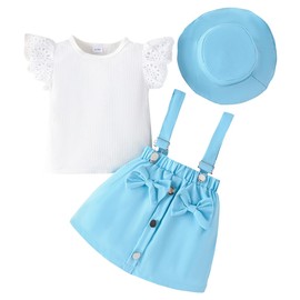 LUVCES Toddler Baby Girl Ruffle Fly Short Sleeve Ribbed Top + Bow Suspender Skirt Jumpsuit Dress + Hat Clothing Set Outfits, a:3pcs blue, 3T - 4T