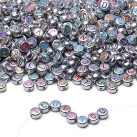 LAIDANLA 1500PCS Acrylic Letter Beads Alphabet Colorful Letters Silver Round Bead 7×4mm for Jewelry Bracelets Necklaces Key Chains Making