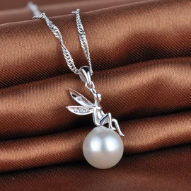 Unendlich U Fashion 925 Sterling Silver Women's Necklace Small Angel 10 mm Pearl Pendant Pearl Necklace, Sterling Silver, Cubic Zirconia
